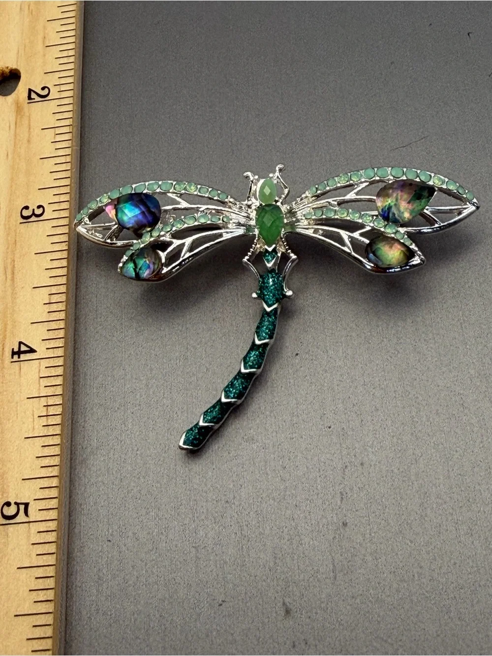 Napier Dragonfly Brooch Silver Tone Iridescent Green Rhinestone 2” Signed Vtg